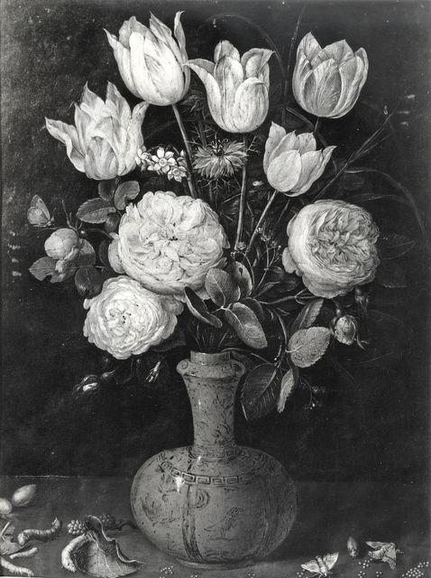 Anonimo — Jan Brueghel il Vecchio - sec. XVII - Natura morta con vaso di fiori, crisalidi e farfalle — insieme